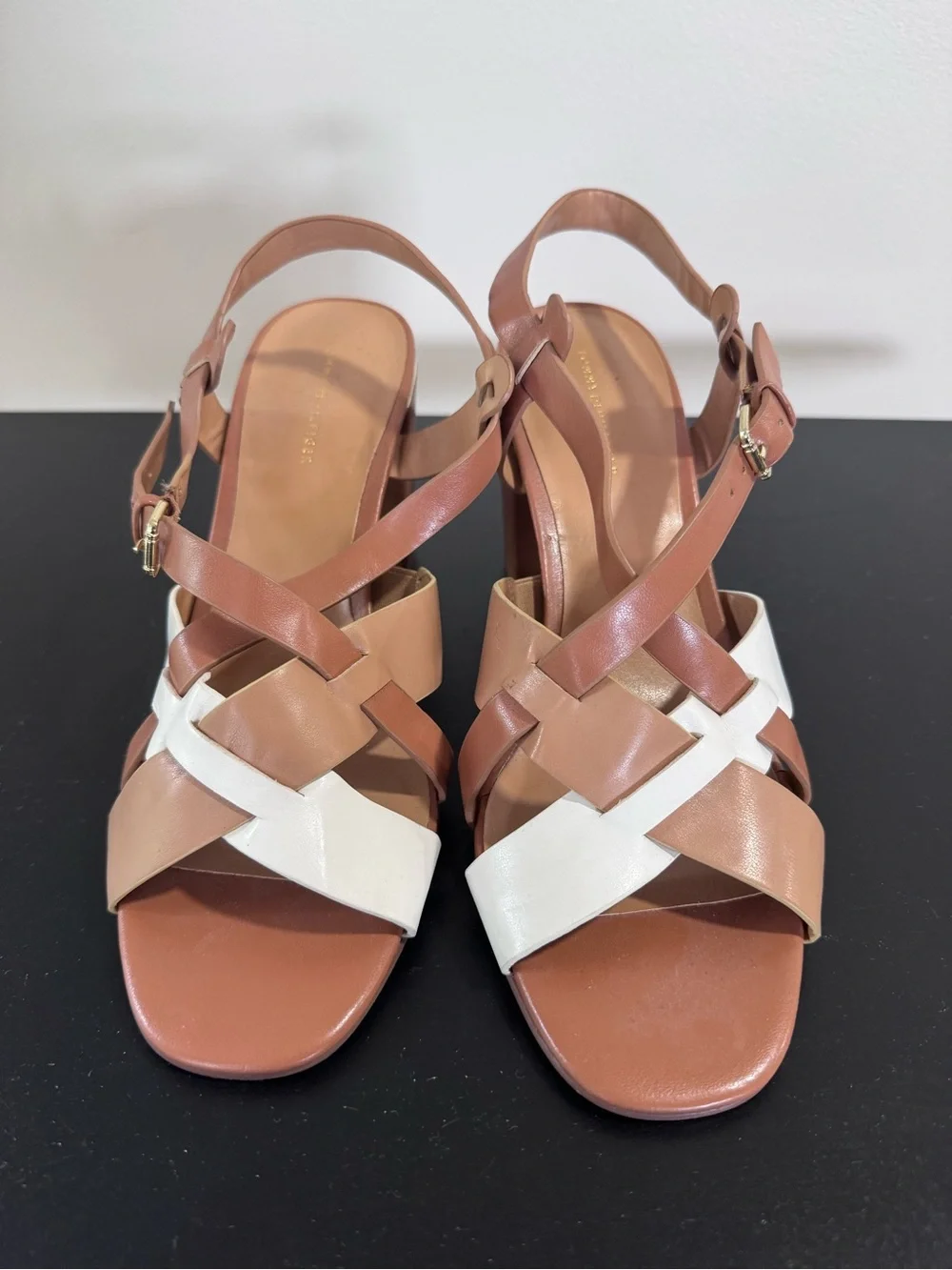 Tommy Hilfiger Graysi Tan and White Strappy Block Heel Sandals